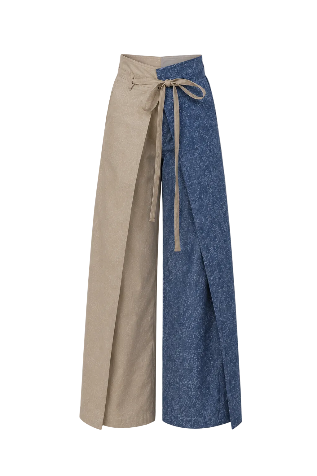 Two aprons, one beige and one blue denim, on a brown background