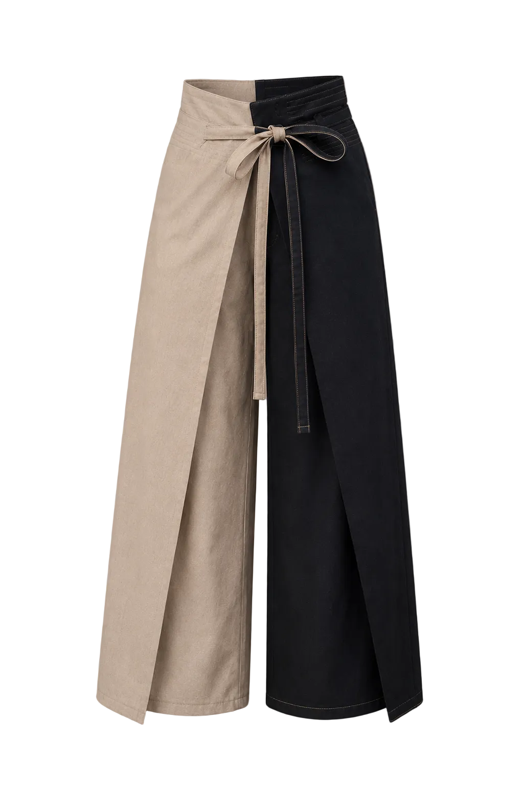 Two-tone pants with beige and navy blue sections on transparent background