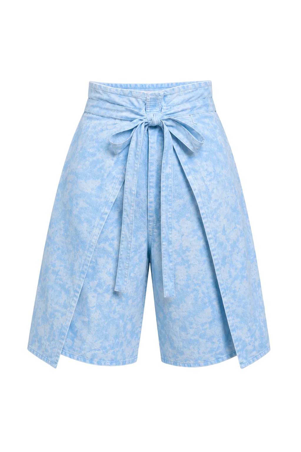 Light blue floral shorts with a tie waist on a beige background