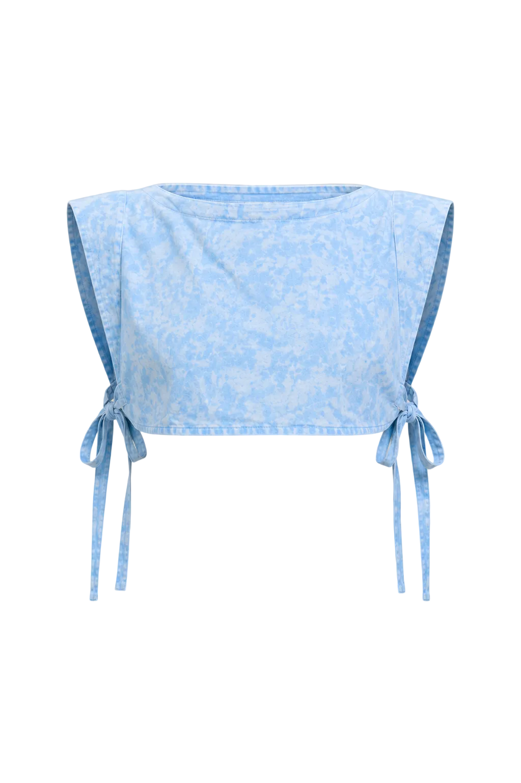 Light blue floral top with tie details on a beige background