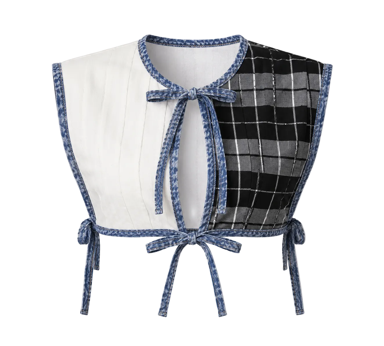 Two-piece outfit with a white top and plaid skirt on a gray background