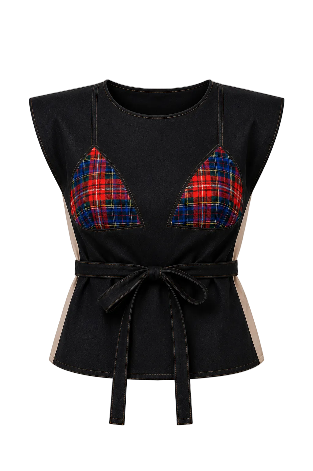Black top with plaid accents on a beige background