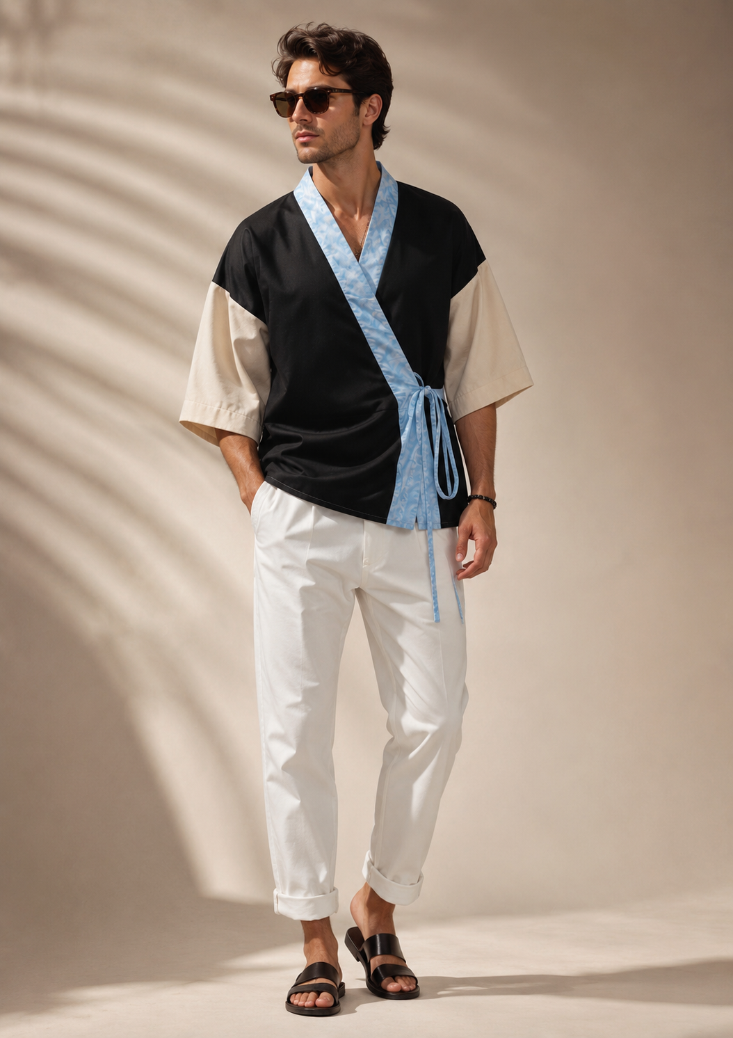 Man wearing a black shirt, white pants, and a blue apron against a beige background