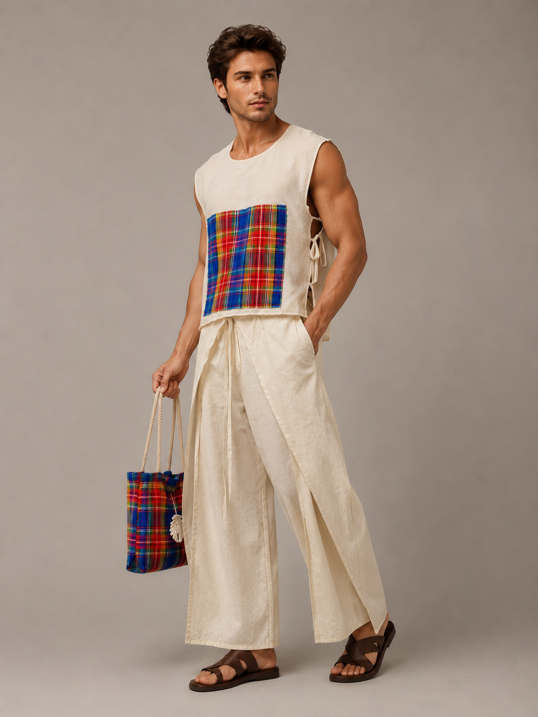 Man wearing a sleeveless top with plaid pattern and wide-leg pants, holding a matching bag against a neutral background.